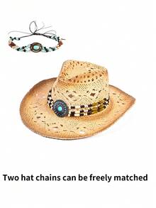 1 件西部牛仔帽，女士复古牛仔帽，男士夏季休闲牛仔帽，时尚朋克牛仔帽，波西米亚风牛仔帽（如果收到商品后发生变形，可能需要手动重塑帽檐）