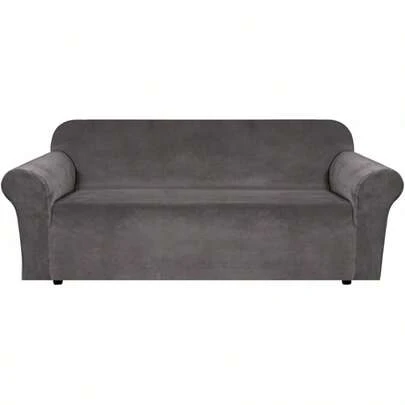 Stretch Velvet Sofa Covers 3 Cushion Couch, Furniture Protector, Soft With Non-Slip Elastic Bottom, Thick Comfy Velour, 72-90, Gray
