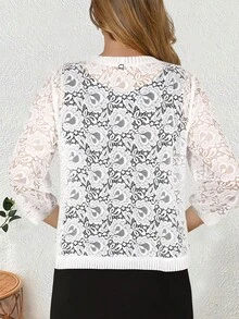 Yukiwi 大码女式纯色轻薄前开蕾丝夹克 - 白色 - 查看 2