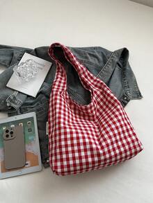 Large Capacity Women's Canvas Shoulder Tote Bag, Casual Striped Handbag - Red - View 3