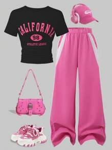 2件套少女休闲圆领字母印花短袖T恤和裤子套装，春夏款