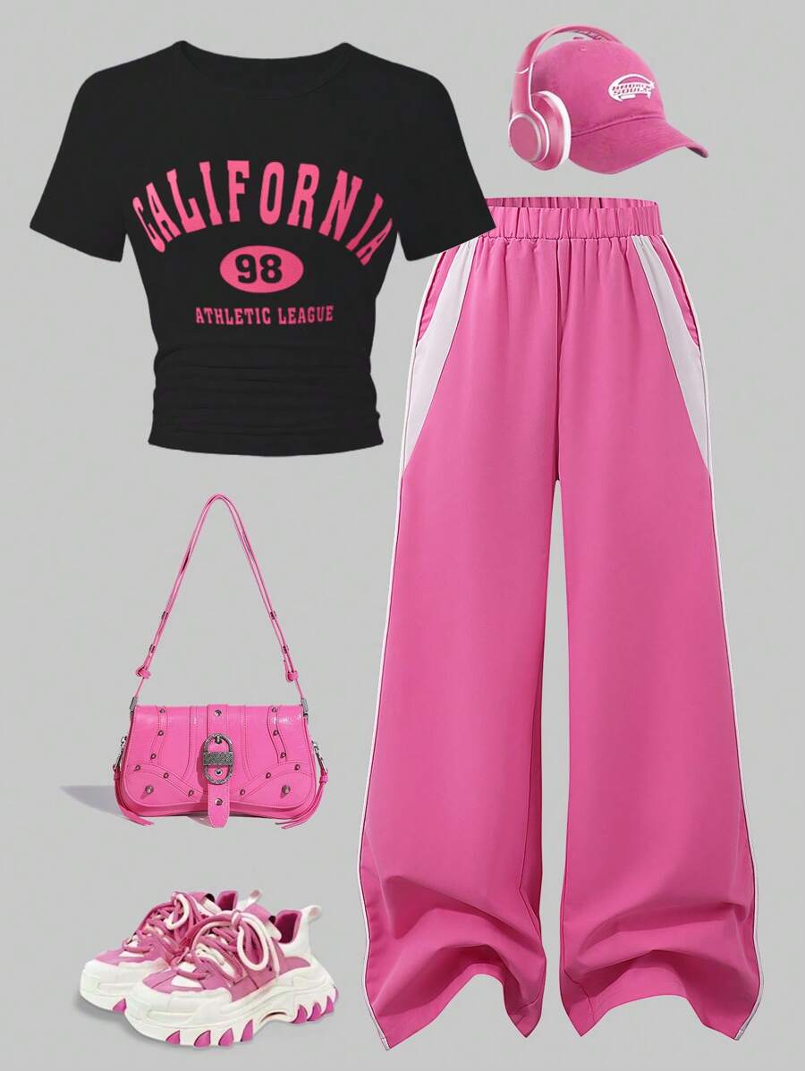 2件套少女休闲圆领字母印花短袖T恤和裤子套装，春夏款