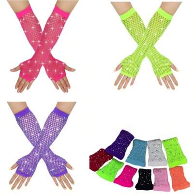 1 Pair Rhinestone Accented Sexy Fishnet Stretchy Half Finger Gloves, Party Costume Accessories, Halloween Fishnet Long Gloves