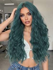 时尚气质橄榄绿耐热合成28英寸长卷发无刘海假发，适合女士音乐会、舞厅、生日、派对、婚礼 - 橄欖綠 - 查看 1