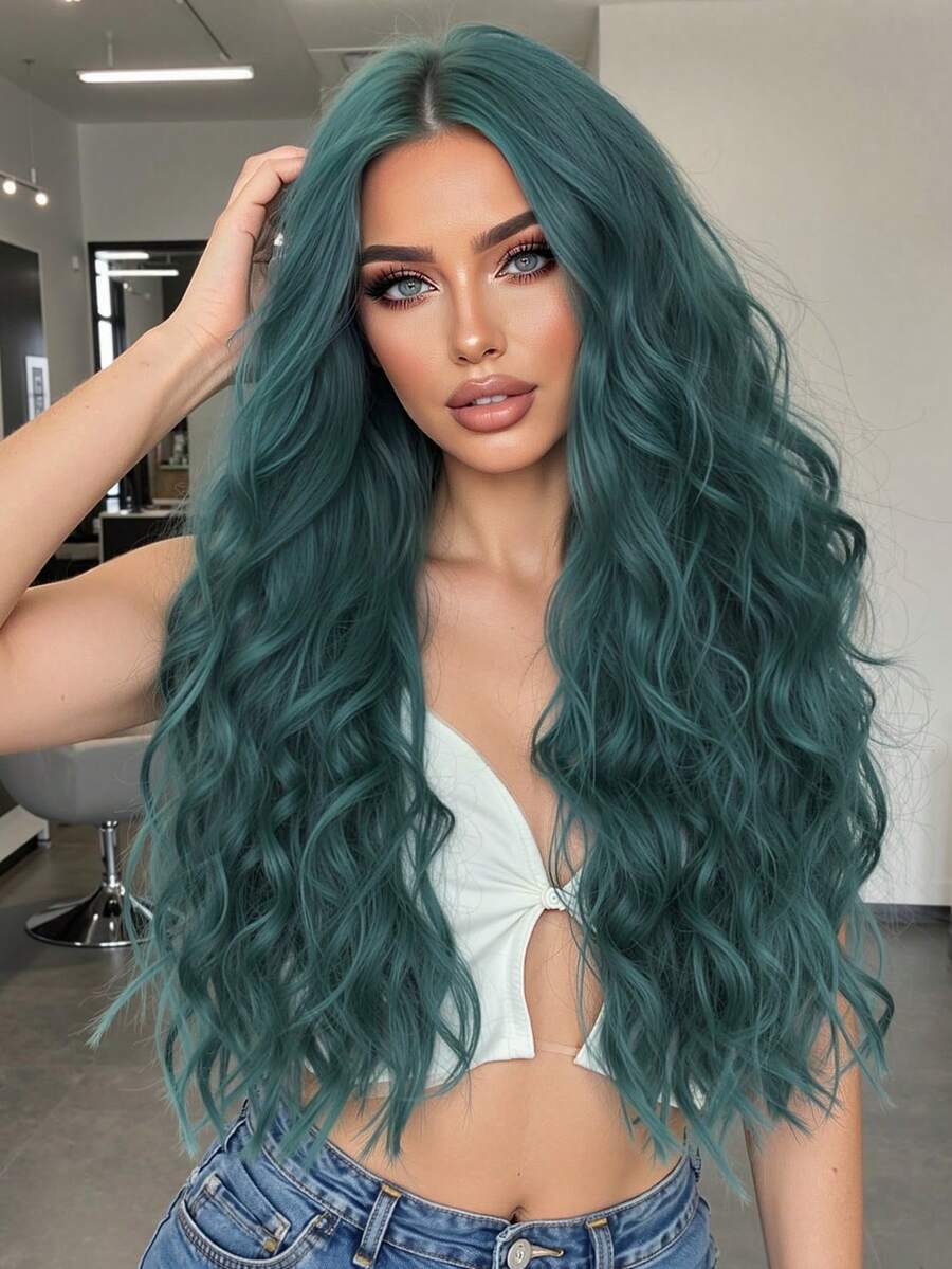 时尚气质橄榄绿耐热合成28英寸长卷发无刘海假发，适合女士音乐会、舞厅、生日、派对、婚礼 - 橄欖綠 - 查看 1