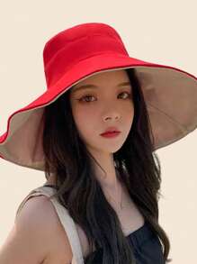 1pc Wide Brim Double-Sided Bucket Hat, 14cm Extended Brim Summer Japan Style Sun Hat UV Protection