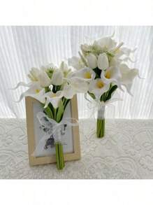 Bridesmaid Artificial Flower Bouquet For Wedding, White Tulip & Calla Lily Floral Arrangement, Bridal Bouquet, Wedding, Ceremony, Anniversary, Fake Flowers Spring Home Decor, Photography Props, Centerpiece, Party Table Decor, Holiday Decoration, Easter Gift, Birthday, Graduation