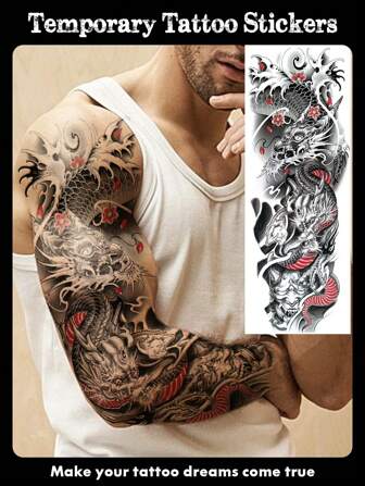 1 Sheets Extra Large Full Arm Size Body Art Temporary Tattoo Stickers For Men, Red Black Dragon Prajna Plum Blossom Pattern, Waterproof Fake Sleeves Tattoos, Lasts 2-5 Days, Covering Scars, Can Be Used On Arms Wrist Shoulders Legs Waist Neck Hand Chest Thighs Finger, Body Art Cosplay Party Gift