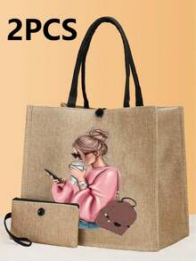 2 件印花手提袋、印花手提袋套装、轻便大容量手提袋、可重复使用的粗麻布购物袋、带化妆包的便携式旅行沙滩包、生日礼物、教师节、护士节、生日、周年纪念、最佳礼物 - 卡其色 - 查看 1