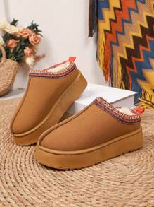 女士保暖内衬厚底一脚蹬拖鞋，2025 冬季新款包头穆勒鞋，彩色编织装饰厚底雪地靴，适合室内/室外穿着