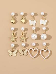 12pcs/Set Girls' Heart, Butterfly, Pentagram & Pearl Earring Jewelry Set - Multicolor - View 1