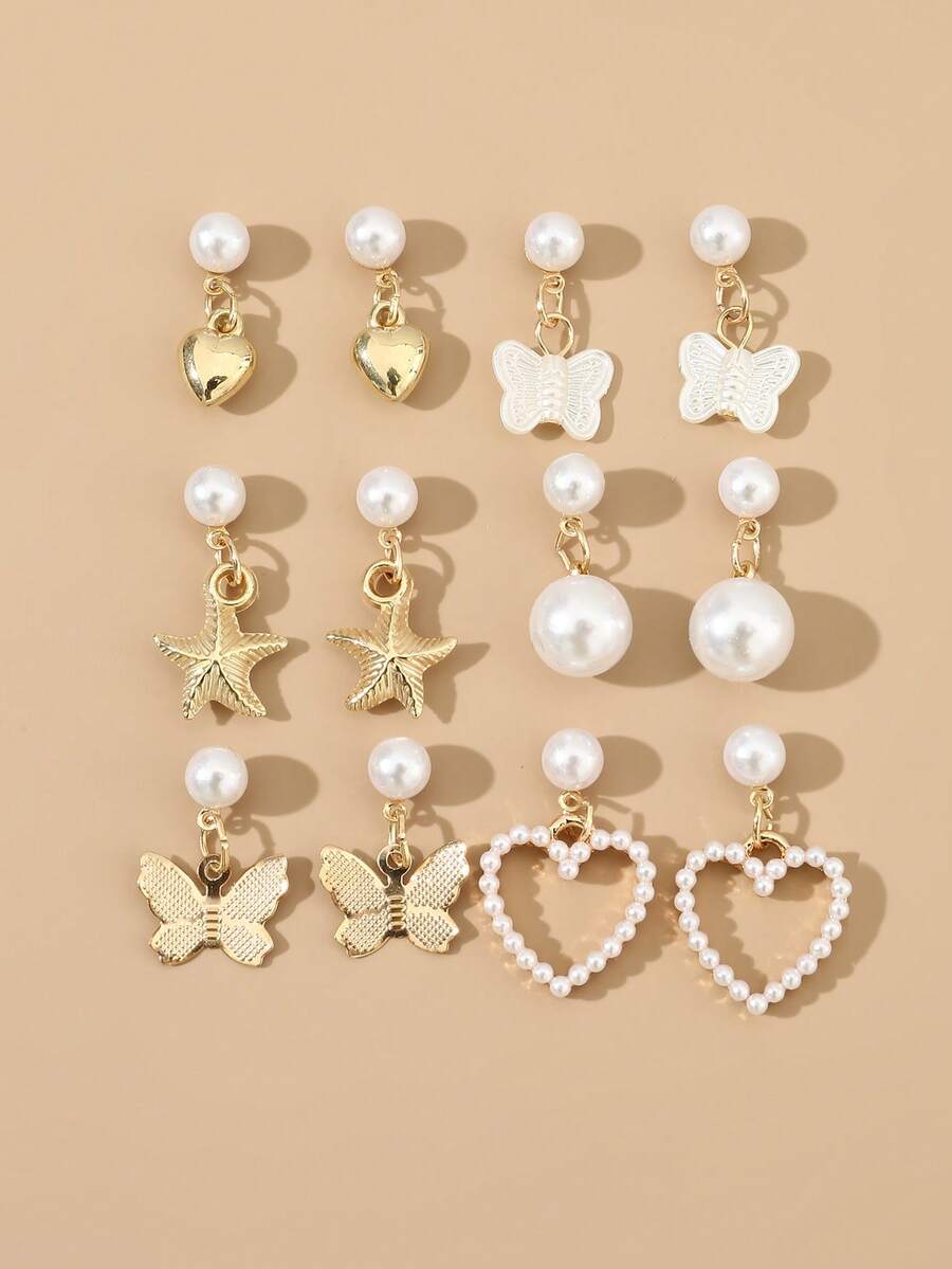 12pcs/Set Girls' Heart, Butterfly, Pentagram & Pearl Earring Jewelry Set - Multicolor - View 1