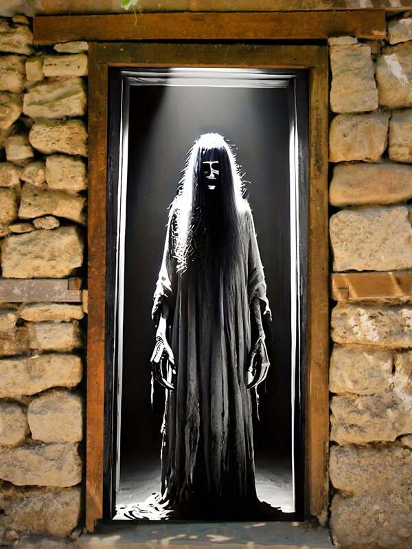 1pc Halloween Themed Curtain, Made Of Polyester Material With A Hooded Ghostly Figure Wearing Tattered Robes, Creates A Spooky And Mysterious Atmosphere. Suitable For Halloween Party Decoration, As Well As Escape Rooms, Haunted Houses And Other Immersive Horror Experience Events To Add A Thrilling Effect.