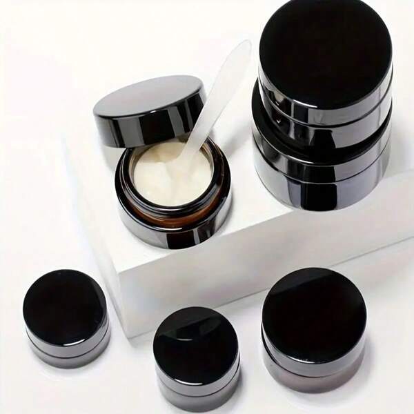 5pcs Amber Glass Jars With Black Lids - Unscented, Leakproof, Wide Mouth, Travel Size Refillable Containers For Cream & Lotion, Portable Light-Proof DIY Sample Bottles