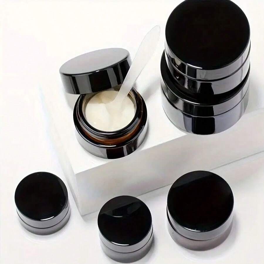 5pcs Amber Glass Jars With Black Lids - Unscented, Leakproof, Wide Mouth, Travel Size Refillable Containers For Cream & Lotion, Portable Light-Proof DIY Sample Bottles