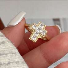 Anello aperto minimalista con croce dorata, intarsiato in rame con zircone cubico, gioiello religioso personalizzato da donna, adatto per uso quotidiano/credenti religiosi