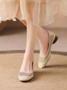 Women Summer Beige High Heel Pumps/Thick Heel Hollow Breathable Square Toe Slip-On Pumps/Fashionable Elegant Square Toe Loafers