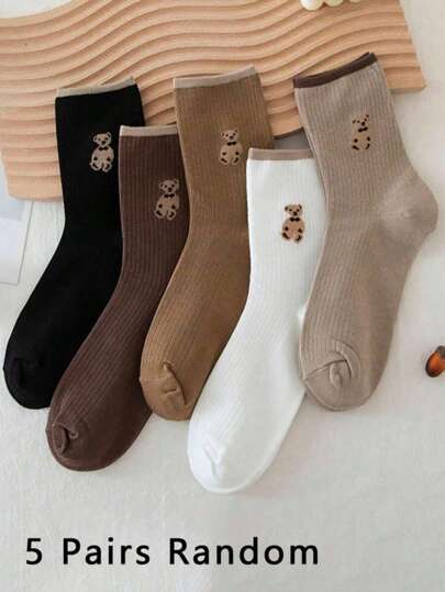 5 Pairs Women Bear Design Crew Socks, Casual/School Style Ankle Socks Mixed Color, Spring/Summer