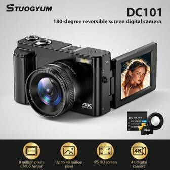 STUOGYUM 4K Camera 48MP Vedio Camera For Photography,16X Digital Zoom,3" Flip 180 Degree Flip Screen, Anti-Shake And Built-In Flash,Comes With UV Filter & 32G Memory Card And One Battery ,Ideal For Vlogging, Live Streaming & Photography Beginners
