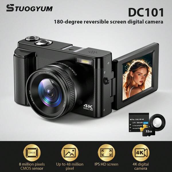 STUOGYUM Cámara STUOGYUM 4K de 48MP para fotografía, con zoom digital 16X, pantalla giratoria de 3" de 180 grados, antivibración y flash incorporado, incluye filtro UV, tarjeta de memoria de 32GB y una batería, ideal para vlogging, transmisión en vivo y fotógrafos principiantes