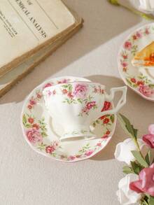 1 件套法式花卉咖啡杯碟套装，陶瓷材质，精致手绘玫瑰马克杯，创意精致的英式下午茶杯碟，适合女性，送给姐妹/朋友的礼物