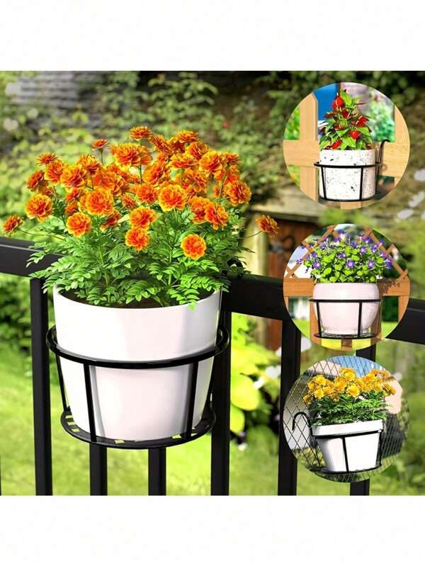1pc Iron Art Hanging Flower Pot, With Hook, Metal Plant Hanging Basket, Detachable, Suitable For Balcony, Fence Or Brick Wall, Black