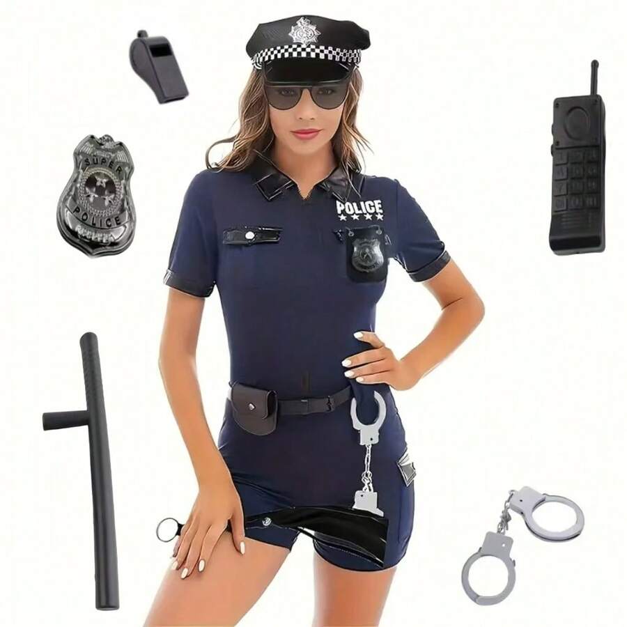 5 件套警察服装套装、警察制服、警察角色扮演配件，包括手铐、对讲机、警徽、口哨（对讲机型号随机）、节日派对装饰道具 - 彩色 - 查看 1