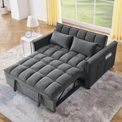 3 In 1 Convertible Sleeper Sofa Bed, Futon Couches For Living Room With Side Pocket | Adjustable Backrest| Velvet Fabric | Pull Out Couch | Love-Seat Sofa| Sectional Sofa Bed| 2-Seat Sofa Bed