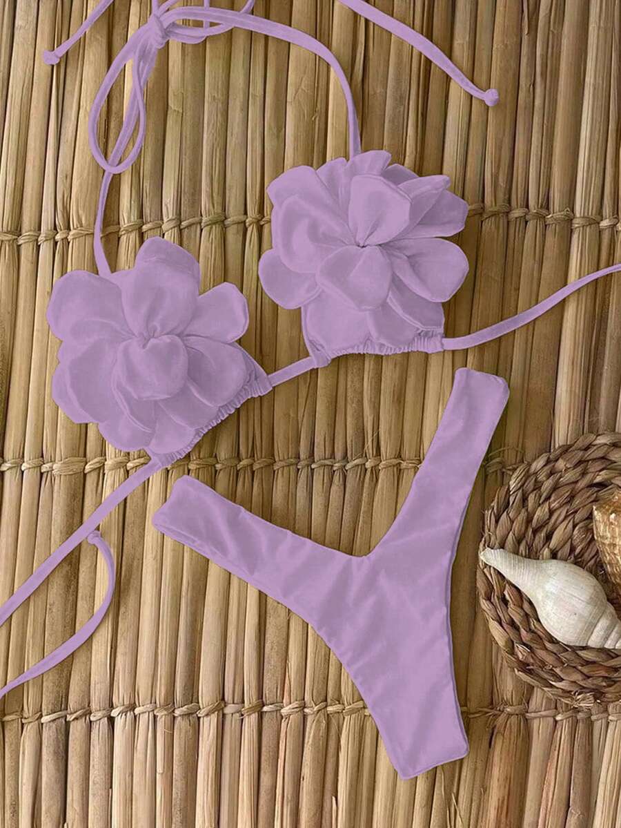 Polovedo Official Sexy Elegant Purple Floral Print Beach Bikini Swimsuit, Suitable For Valentine's Day, Spring/Summer, Casual, Vacation, Date - Purple - View 1