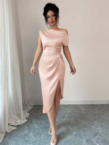 abyoxi 优雅不对称领口腰部褶裥缎面连衣裙，适合约会、生日派对、婚礼、返校舞会等场合，新款女装 - 粉色 - 查看 5