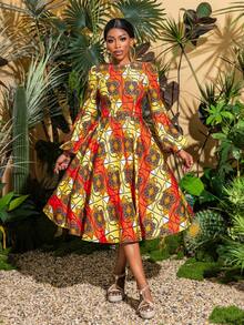 Faeriesty Ethereal Geometric Print Long Sleeve Midi Dress - Elegant Spring/Summer Style, Suitable For Garden Parties, Cultural Events, Vacations, And Transitions From Office To Brunch - Orange - View 1
