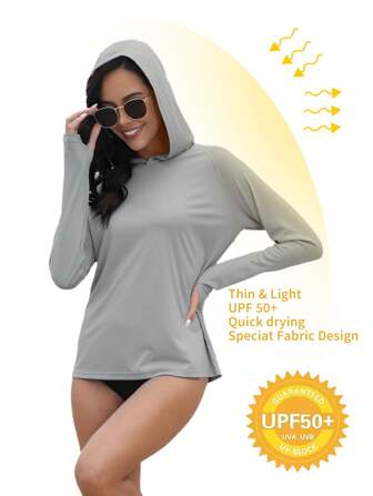 女式 UPF 50+ 防紫外线连帽衬衫，长袖带拇指孔，适合跑步、健身、徒步旅行、钓鱼、轻便、户外运动