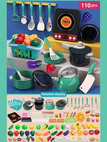 Toddler Small-Size Kitchen Toy Set, Girls Pretend Play Cooking Pots Pans Utensils, Babies Imitate Cutting Fruits Cookware - Green - View 10