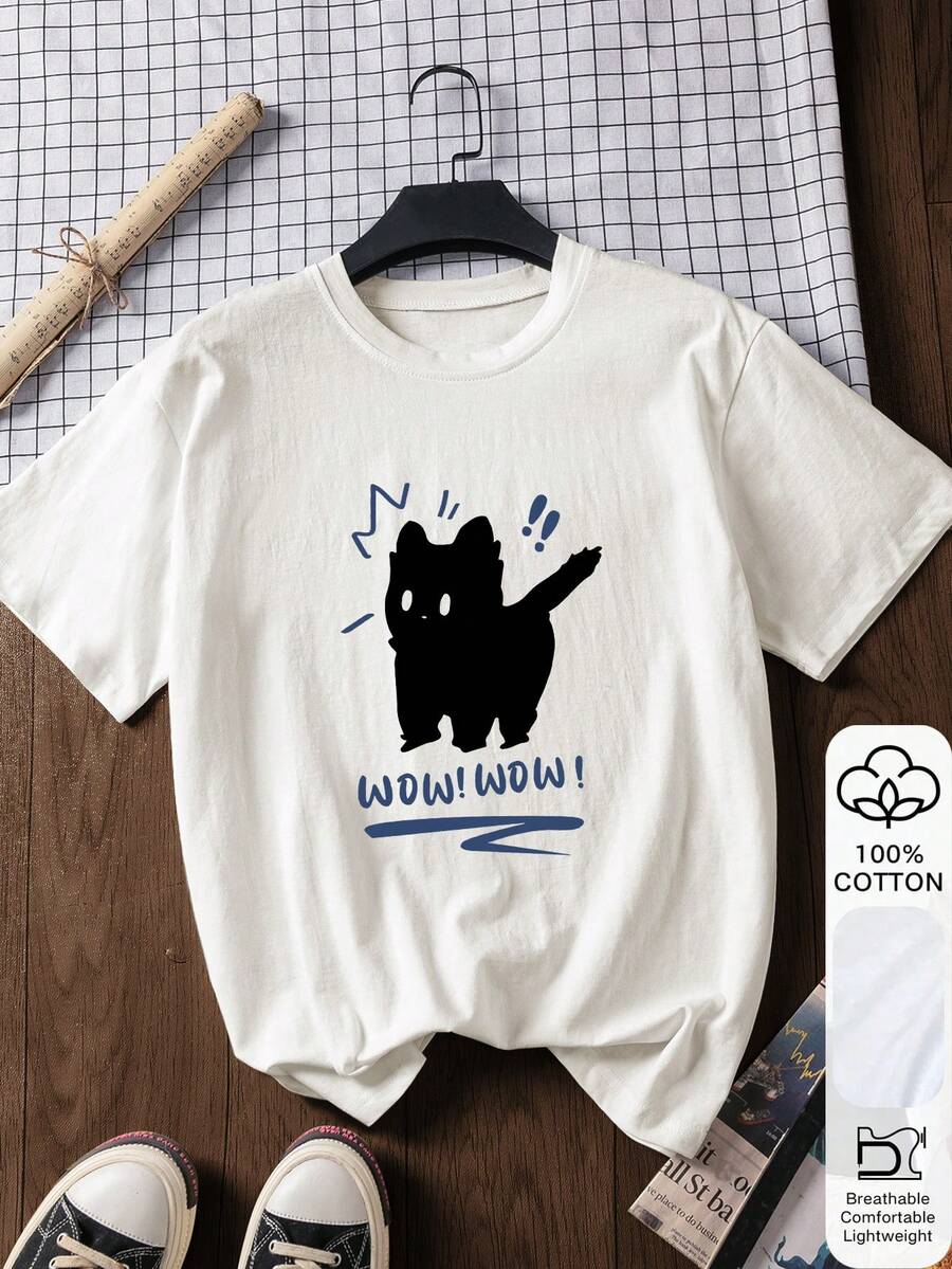 Cat & WOWO Print, Women's 100% Cotton Short Sleeve T-Shirt, Chinese New Year, Lunar New Year, Year Of The Horse, Spring Festival, Happy New Year, Valentine's Day - White - View 1