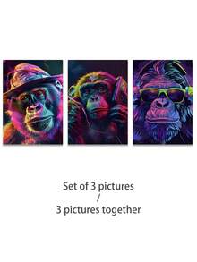 1/3 件，可选框架，赛博朋克风格，猴子帆布墙艺术装饰，动物主题，带框架的墙壁艺术，适用于卧室、浴室、房间和家居装饰。