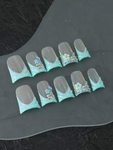 CrystalHola Valentine's Day 10 Pcs Handmade Fake Nail Press On Nail ,Mint Green Duck Nails,Short Nail, Pink Valentine Nails ,Acrylic Nail Kit 3D Rhinestone Glitter Shiny Artificial Gems,Bow,Y2K,Leopard Print, Xxoo,Nail Stickers, Sophisticated Look ,Wedding Nails, Charm Nails French Tip Nail Design Nail Art Suitable For Daily Wear ,Ideal Gift DIY Beauty Popular Gift Spring&Summer - 彩色 - 查看 3