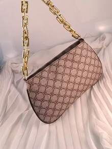 Gold Chain Decor One Shoulder Underarm Baguette Bag - Multicolor - View 4