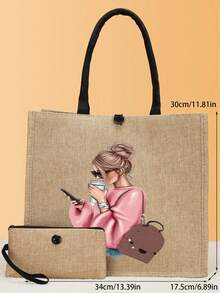 2 件印花手提袋、印花手提袋套装、轻便大容量手提袋、可重复使用的粗麻布购物袋、带化妆包的便携式旅行沙滩包、生日礼物、教师节、护士节、生日、周年纪念、最佳礼物 - 卡其色 - 查看 4