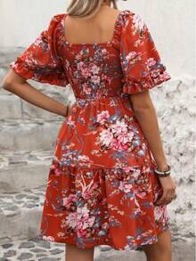 2025Women's Floral Print Ruffle Hem Vintage Dress, Casual Boho Breathable Flounce Sleeve Shirred A Line Dress, Summer Dresses, Homecoming Dresses, Ladies Clothes For Beach Holiday Wedding Guest Fall Wedding Guest Dress, Feminine Moo Moo Dresses, Womenswear