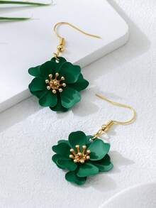 1 对不对称双层花形复古夏季女式耳环 - 綠色 - 查看 2