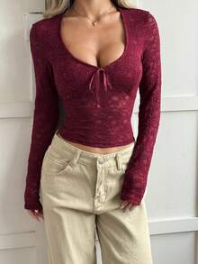 Vaiaye 女士春夏 V 领针织透视系带蕾丝 T 恤，低胸蝴蝶结性感收腰长袖上衣，适合情人节休闲穿着 - 紅色 - 查看 5