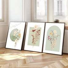 3 套无框波西米亚风绿色野花墙面艺术海报帆布印刷简约日本植物花卉复古绘画适用于公寓、客厅、卧室、现代家居装饰 - 彩色 - 查看 3
