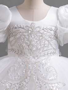 Vestido formal de media longitud para niños, vestido de boda de verano con mangas abullonadas para niñas, vestido de baile de princesa con bordado de lentejuelas y tul brillante, adecuado para actuaciones y como anfitrionas - Blanco - Ver 4