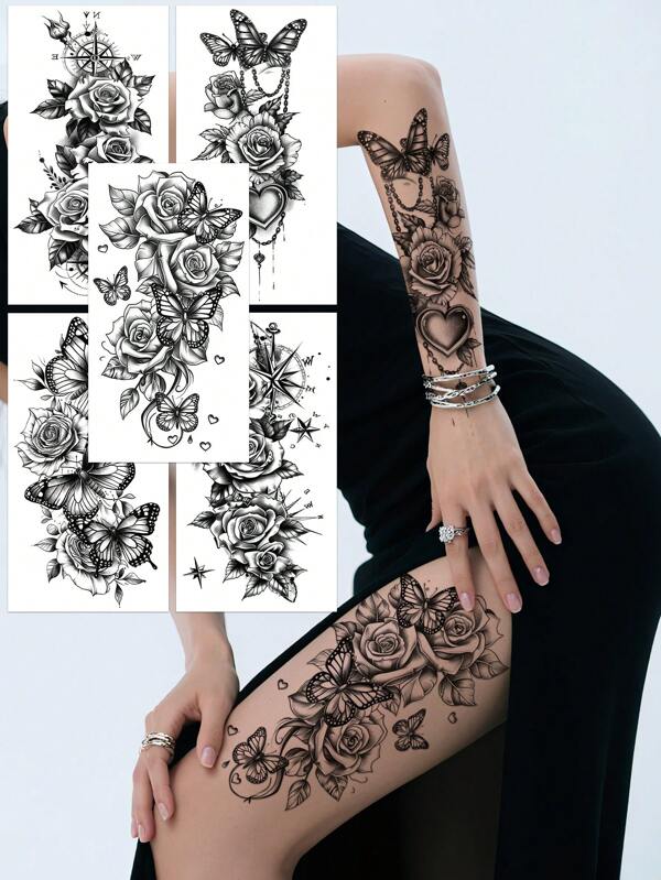 5pcs Black Temporary Butterfly And Flower Tattoo Stickers, Suitable For Arms And Legs, Waterproof And Sweat-Proof, Easy To Use And Remove, Perfect For Women, Essential For Parties And Gatherings.