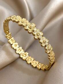 18K Gold Plated Stainless Steel Elegant Floral Bangle Set For Women - Vintage Carved & Cutout Flower Cuff Bracelets, Mom Gift, Teacher Gift, Summer Travel Beach Jewelry, Boho Jewelry, Rave/Prom/Party/Daily Accessories, Back To School Gift, Birthday Gift, Bridesmaid Gifts, Pride Accessories
