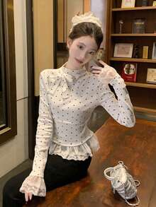 蝴蝶结和波点半高领T恤，秋季修身蕾丝边长袖上衣