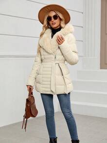 Giolshon Women's Fall/Winter Faux Leather Puffer Jacket, Faux Fur Collar,Teacher Outfits , Adjustable Belt For Chic Commuting & Layering - Beige - View 7