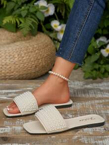 Plus Size Women's Spring/Summer New White Square Toe Flat Sandals, Fashion Rhinestone Strap Slippers, Holiday Essential, Suitable For Dresses - White - View 4