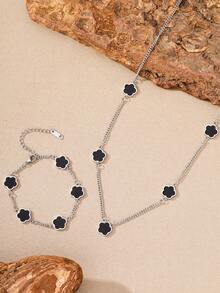 MONALLY 1pc/Set Lucky Four-Leaf Clover Design Pendant, Black & White Bracelet & Necklace Stainless Steel Jewelry Set, Surprise Gift For Girlfriend, Daughter, Valentine's Day, Birthday, Mother's Day - Jewelry Set - View 4