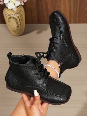 Sexy Preppy College Style Women's Autumn/Winter New Original Vintage Comfortable Flat Hand-Stitched Short Boots, Fashion Casual Versatile Soft Square Toe Lady Short Boots. Comfortable Minimalist Retro Middle-Aged Mother Commuting Short Boots.